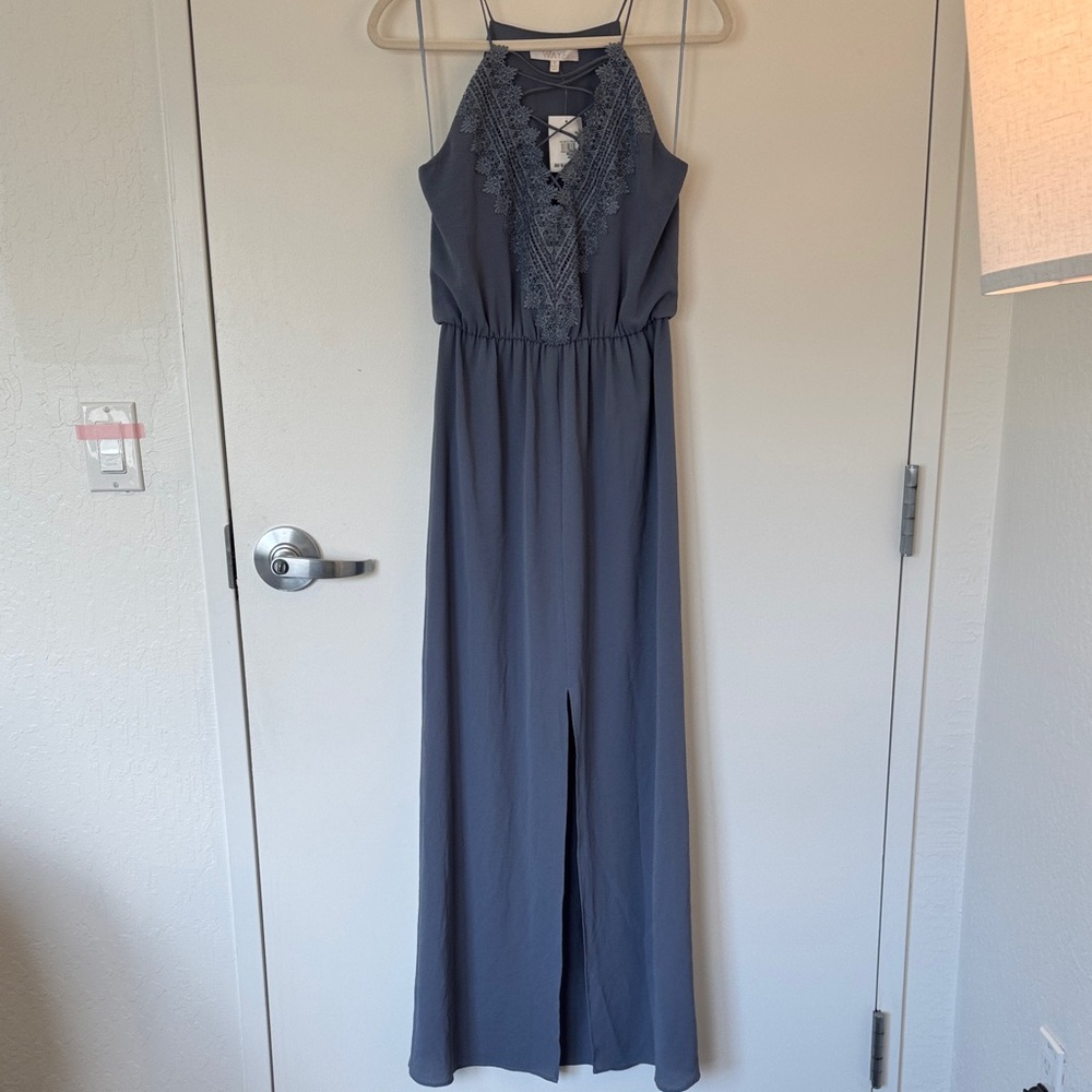 Wayf Slate Blue Lace Maxi Dress